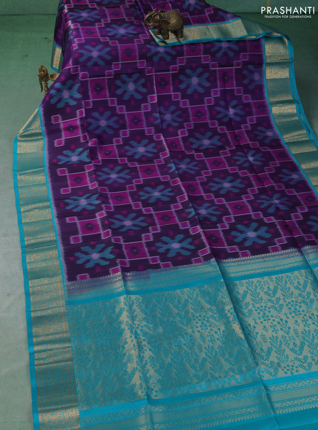 Ikat soft silk saree deep violet and teal blue with allover ikat weaves and zari woven border