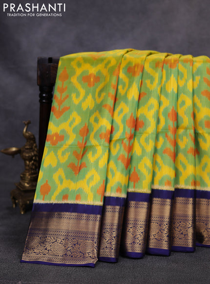 Ikat soft silk saree teal green and navy blue with allover ikat weaves and zari woven border