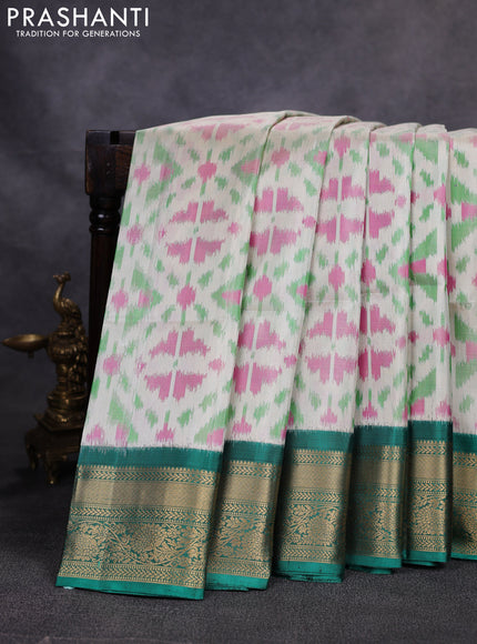Ikat soft silk saree off white and green with allover ikat weaves and zari woven border