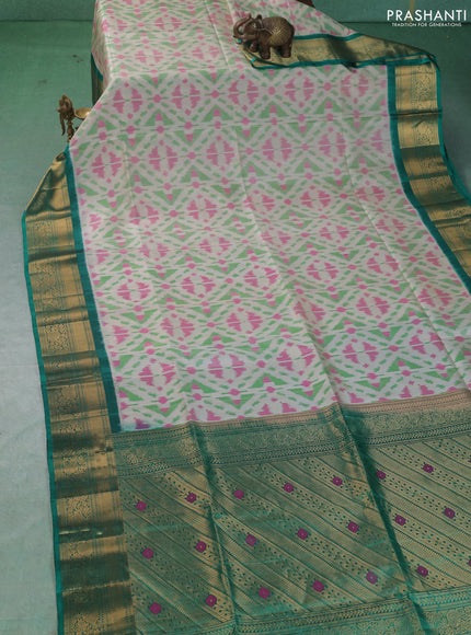 Ikat soft silk saree off white and green with allover ikat weaves and zari woven border