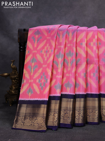 Ikat soft silk saree candy pink and navy blue with allover ikat weaves and zari woven border