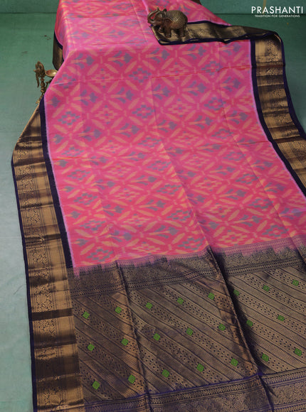 Ikat soft silk saree candy pink and navy blue with allover ikat weaves and zari woven border