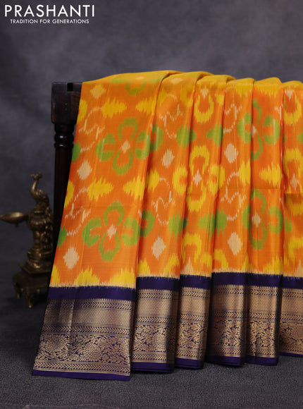 Ikat soft silk saree mango yellow and navy blue with allover ikat weaves and zari woven border