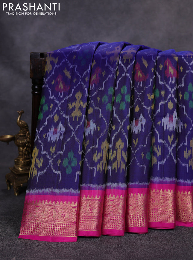 Ikat soft silk saree navy blue and pink with allover ikat weaves and zari woven border