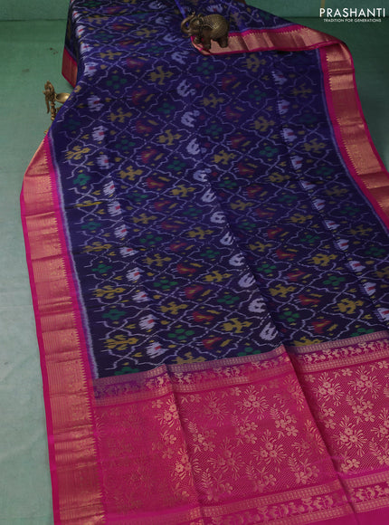 Ikat soft silk saree navy blue and pink with allover ikat weaves and zari woven border