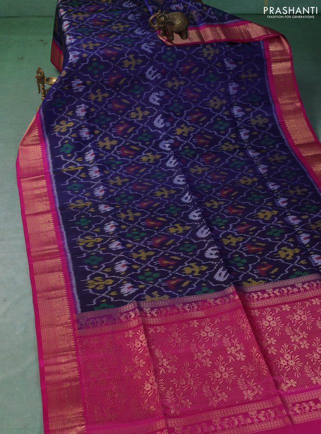 Ikat soft silk saree navy blue and pink with allover ikat weaves and zari woven border
