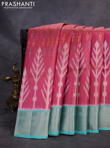 Ikat soft silk saree pink shade and teal blue with allover ikat weaves and zari woven border