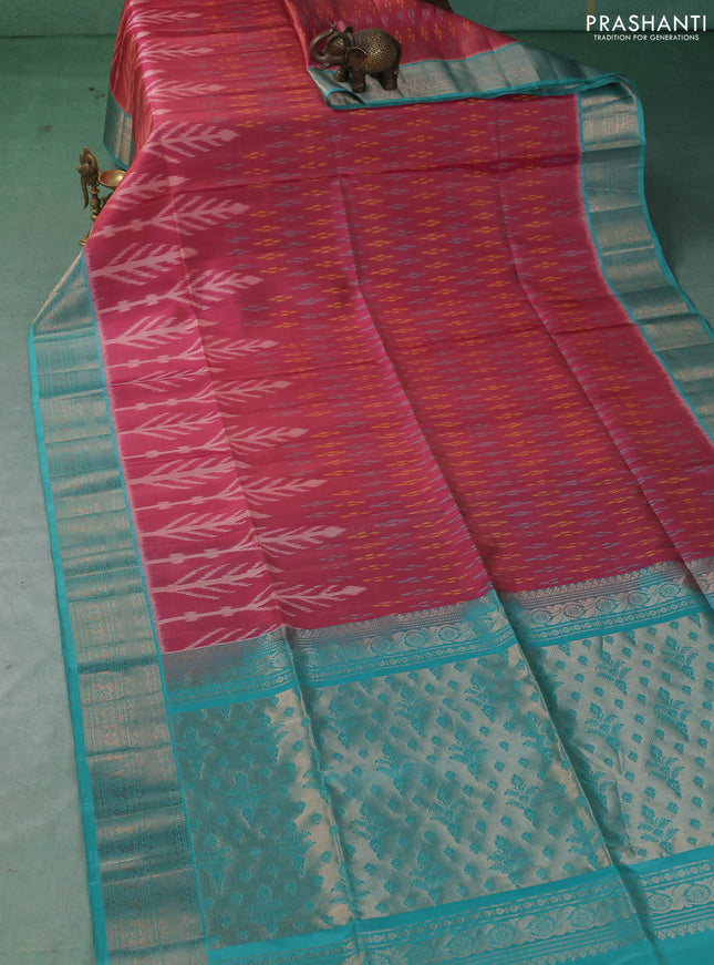 Ikat soft silk saree pink shade and teal blue with allover ikat weaves and zari woven border