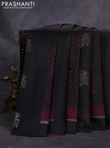 Ikat soft silk saree black and red with allover zari weaves & ikat design in borderless style