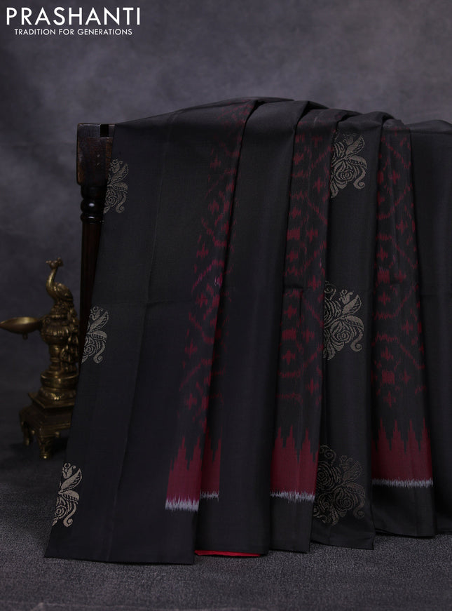 Ikat soft silk saree black and red with allover zari weaves & ikat design in borderless style