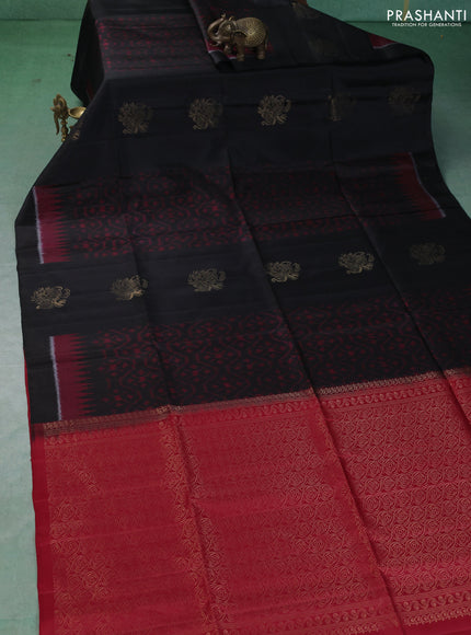Ikat soft silk saree black and red with allover zari weaves & ikat design in borderless style