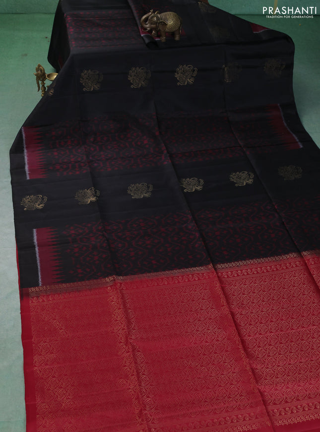 Ikat soft silk saree black and red with allover zari weaves & ikat design in borderless style