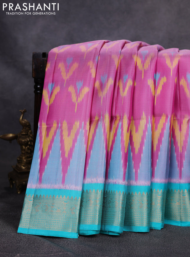 Ikat soft silk saree light pink and teal blue with allover ikat weaves and zari woven border