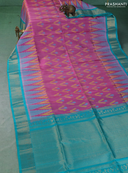 Ikat soft silk saree light pink and teal blue with allover ikat weaves and zari woven border