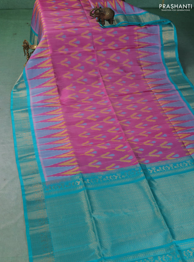 Ikat soft silk saree light pink and teal blue with allover ikat weaves and zari woven border