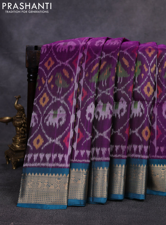 Ikat soft silk saree deep purple and peacock green with allover ikat weaves and zari woven border
