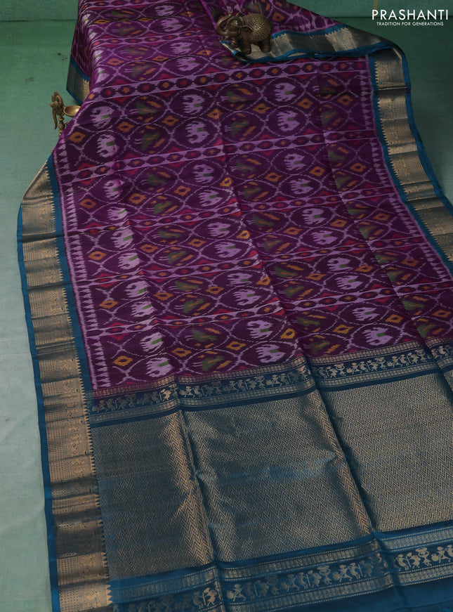 Ikat soft silk saree deep purple and peacock green with allover ikat weaves and zari woven border