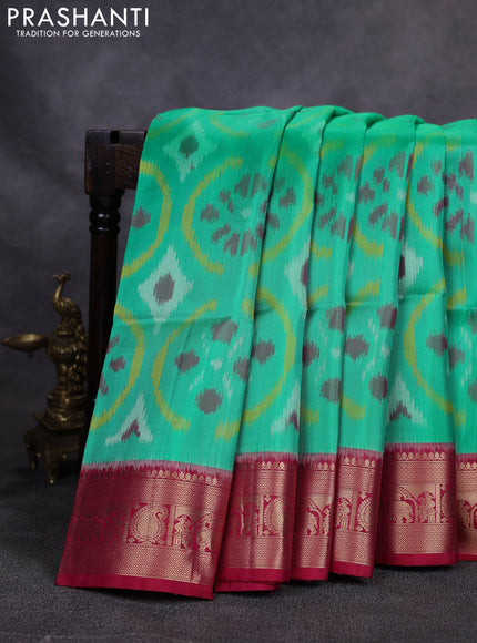Ikat soft silk saree teal green and pink with allover ikat weaves and zari woven border