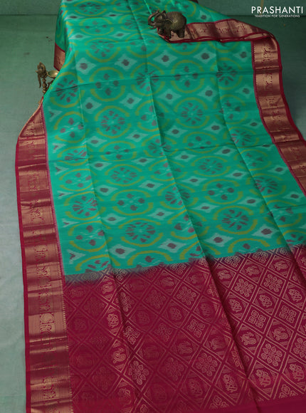 Ikat soft silk saree teal green and pink with allover ikat weaves and zari woven border