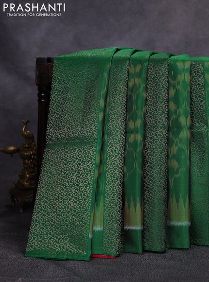 Ikat soft silk saree green and maroon with allover zari weaves & ikat design in borderless style