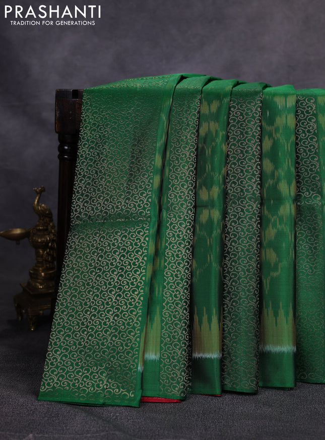 Ikat soft silk saree green and maroon with allover zari weaves & ikat design in borderless style