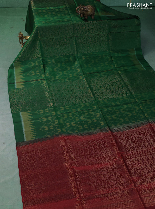 Ikat soft silk saree green and maroon with allover zari weaves & ikat design in borderless style