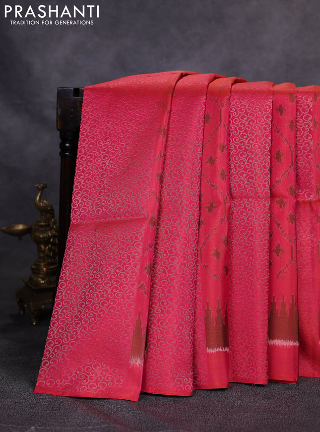 Ikat soft silk saree pinkish orange and black with allover zari weaves & ikat design in borderless style