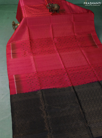 Ikat soft silk saree pinkish orange and black with allover zari weaves & ikat design in borderless style