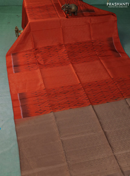 Ikat soft silk saree Rustic orange and dark beige with allover zari weaves & ikat design in borderless style