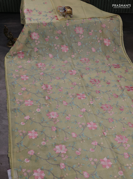 pale yellow with floral embroidery work and crocia lace work border