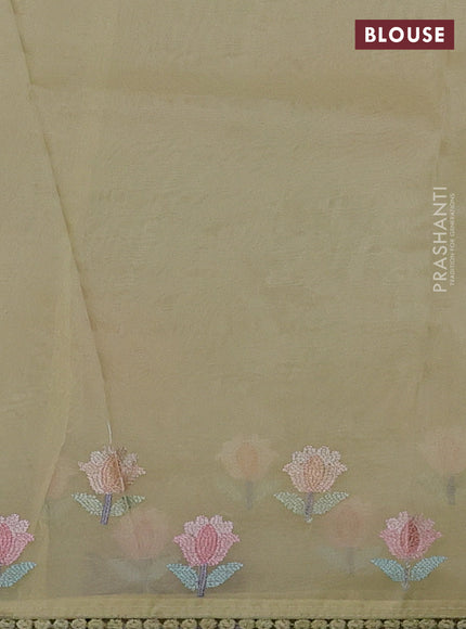 pale yellow with floral embroidery work and crocia lace work border