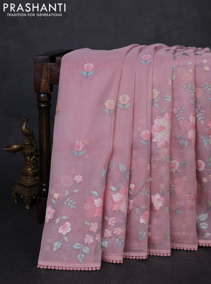 Organza saree baby pink with floral embroidery work and crocia lace work border