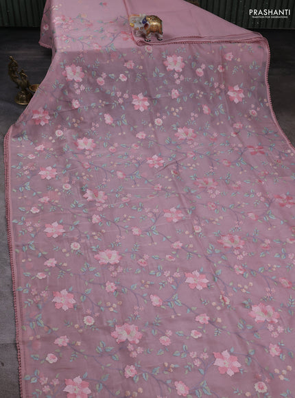 Organza saree baby pink with floral embroidery work and crocia lace work border
