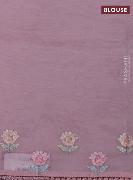 Organza saree baby pink with floral embroidery work and crocia lace work border