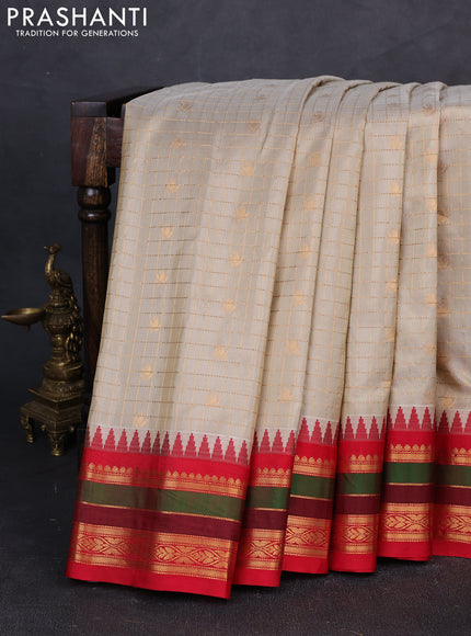 Pure gadwal silk saree cream and red with allover zari checks & buttas and temple design zari woven border