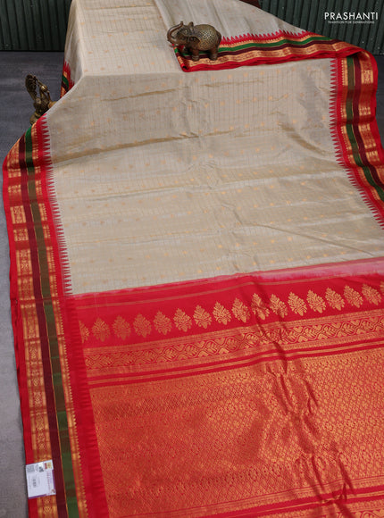 Pure gadwal silk saree cream and red with allover zari checks & buttas and temple design zari woven border