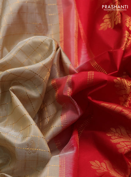 Pure gadwal silk saree cream and red with allover zari checks & buttas and temple design zari woven border