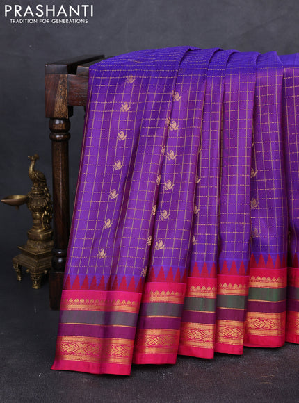 Pure gadwal silk saree purple and pink with allover zari checks & buttas and temple design zari woven border