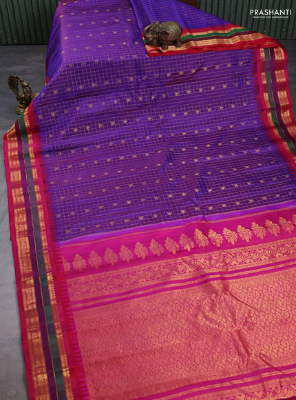 Pure gadwal silk saree purple and pink with allover zari checks & buttas and temple design zari woven border