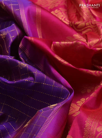 Pure gadwal silk saree purple and pink with allover zari checks & buttas and temple design zari woven border