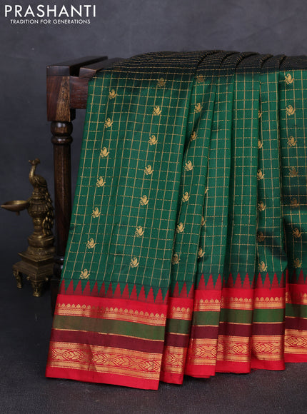 Pure gadwal silk saree green and red with allover zari checks & buttas and temple design zari woven border