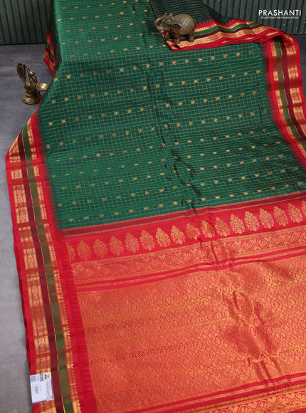 Pure gadwal silk saree green and red with allover zari checks & buttas and temple design zari woven border