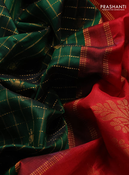 Pure gadwal silk saree green and red with allover zari checks & buttas and temple design zari woven border