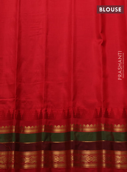 Pure gadwal silk saree green and red with allover zari checks & buttas and temple design zari woven border