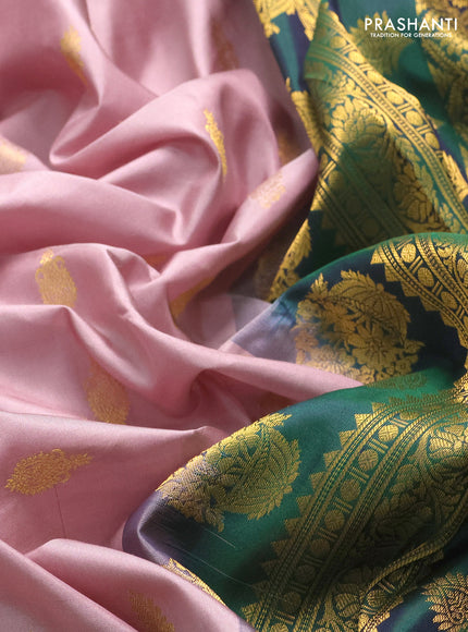 Pure gadwal silk saree pastel pink and green with zari woven buttas and temple design zari woven border