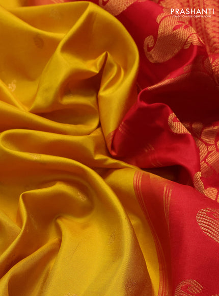 Pure gadwal silk saree yellow and red with allover zari wove buttas and temple design zari woven border