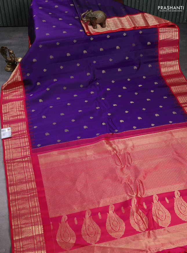 Pure gadwal silk saree violet and pink with zari woven buttas and temple design zari woven border