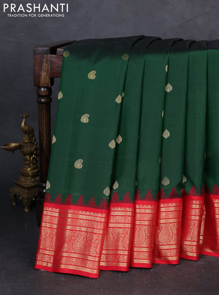 Pure gadwal silk saree bottle green and red with zari woven buttas and temple design zari woven border