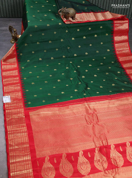 Pure gadwal silk saree bottle green and red with zari woven buttas and temple design zari woven border