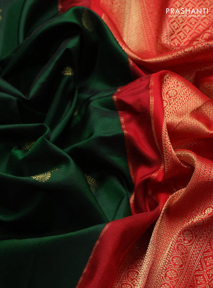 Pure gadwal silk saree bottle green and red with zari woven buttas and temple design zari woven border